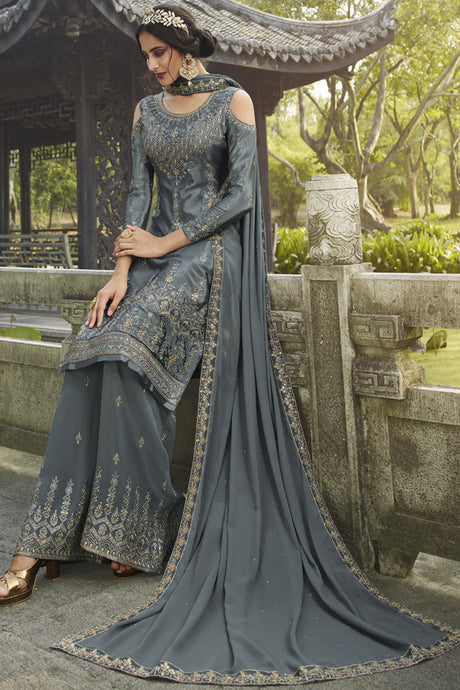 Faux Georgette Embroidered Suit Set Dress Material In Grey