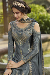 Faux Georgette Embroidered Suit Set Dress Material In Grey