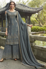 Faux Georgette Embroidered Suit Set Dress Material In Grey