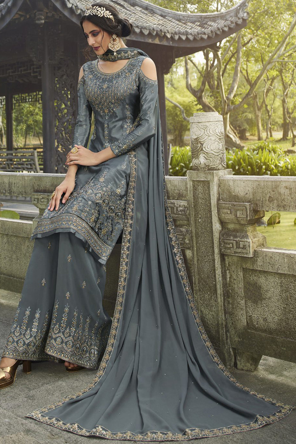 Faux Georgette Embroidered Suit Set Dress Material In Grey