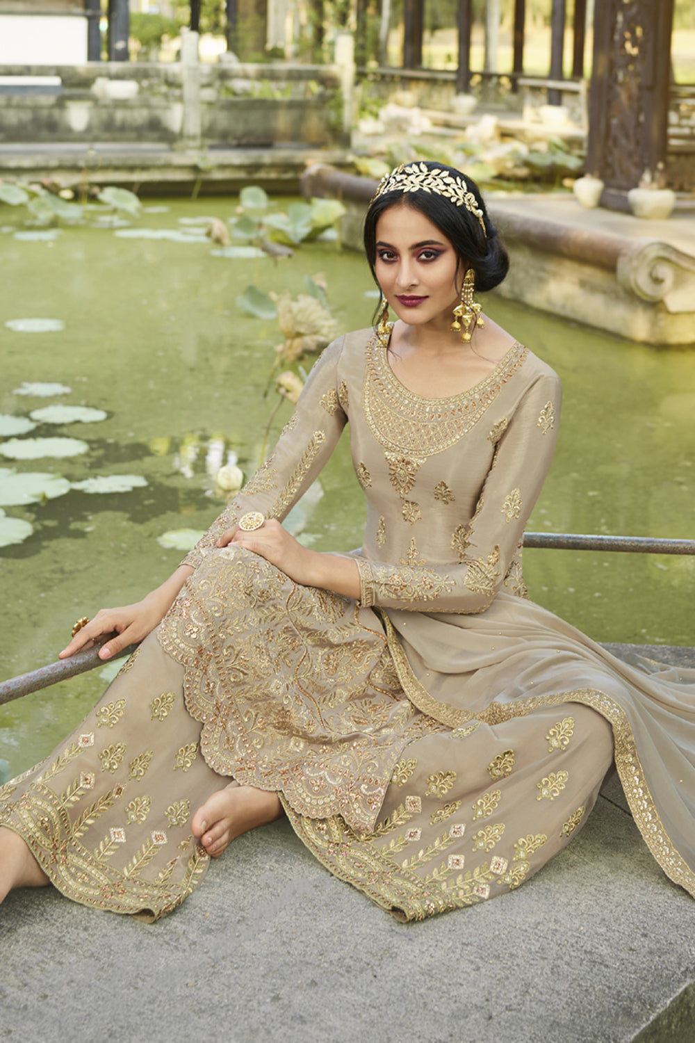 Faux Georgette Embroidered Suit Set Dress Material In Beige