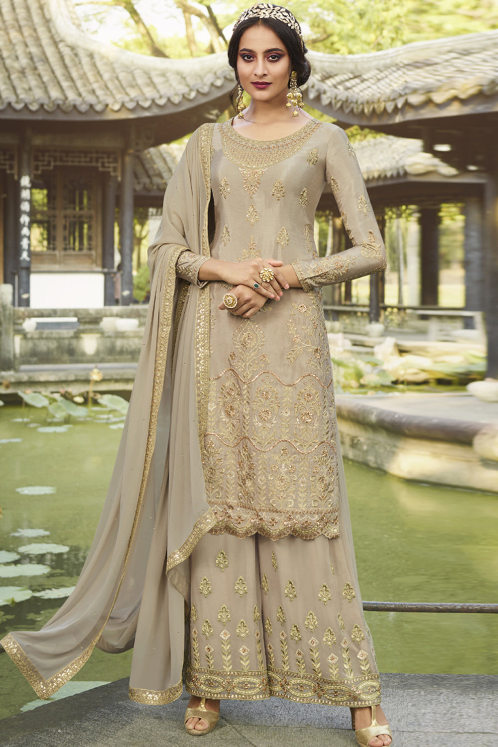 Faux Georgette Embroidered Suit Set Dress Material In Beige