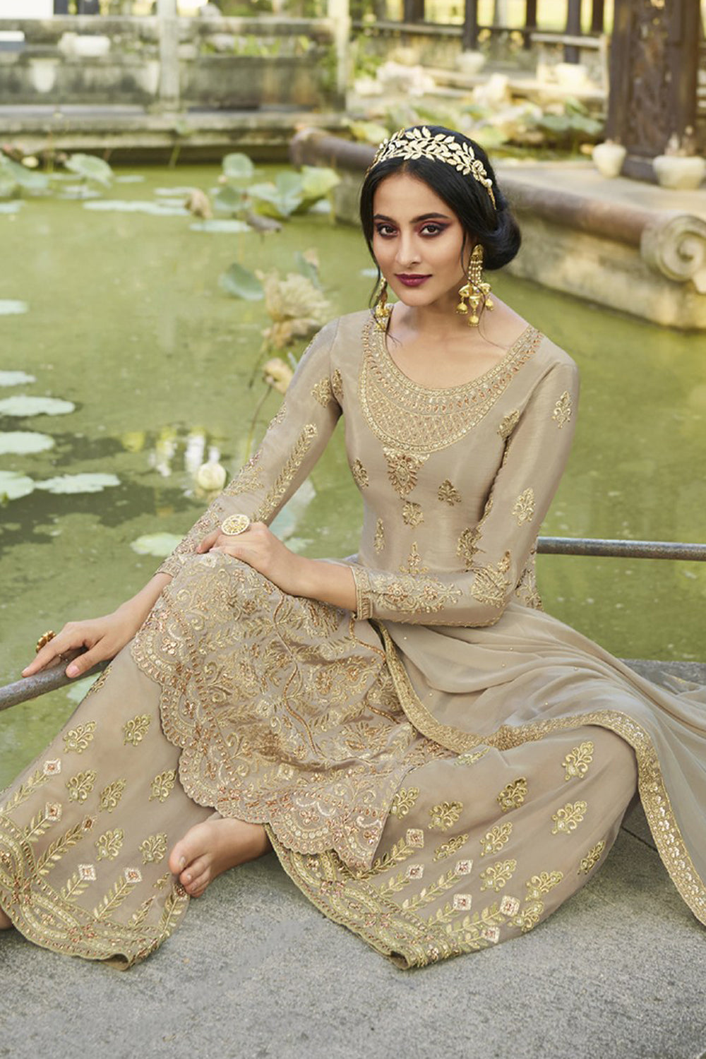 Faux Georgette Embroidered Suit Set Dress Material In Beige