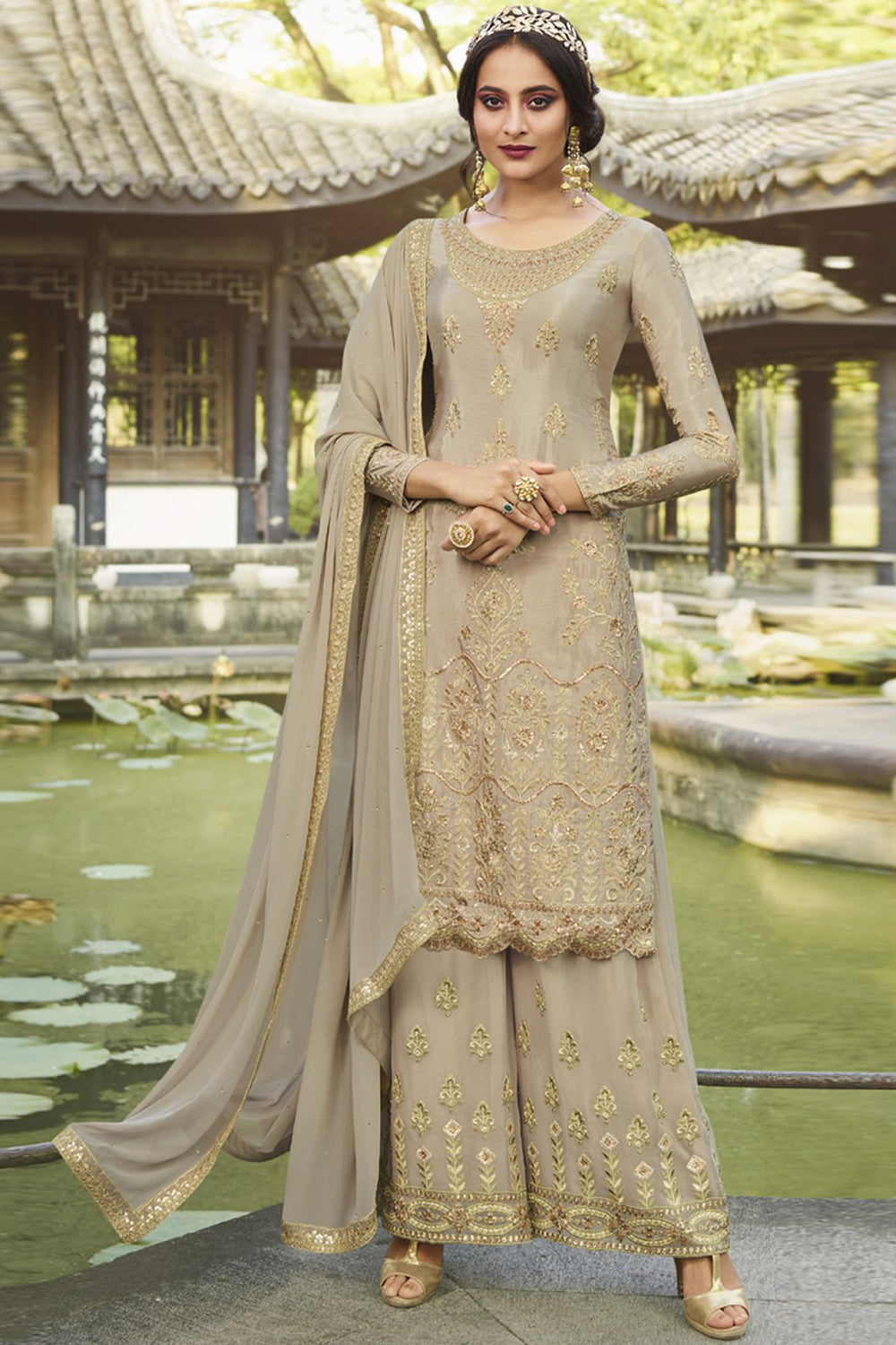 Faux Georgette Embroidered Suit Set Dress Material In Beige