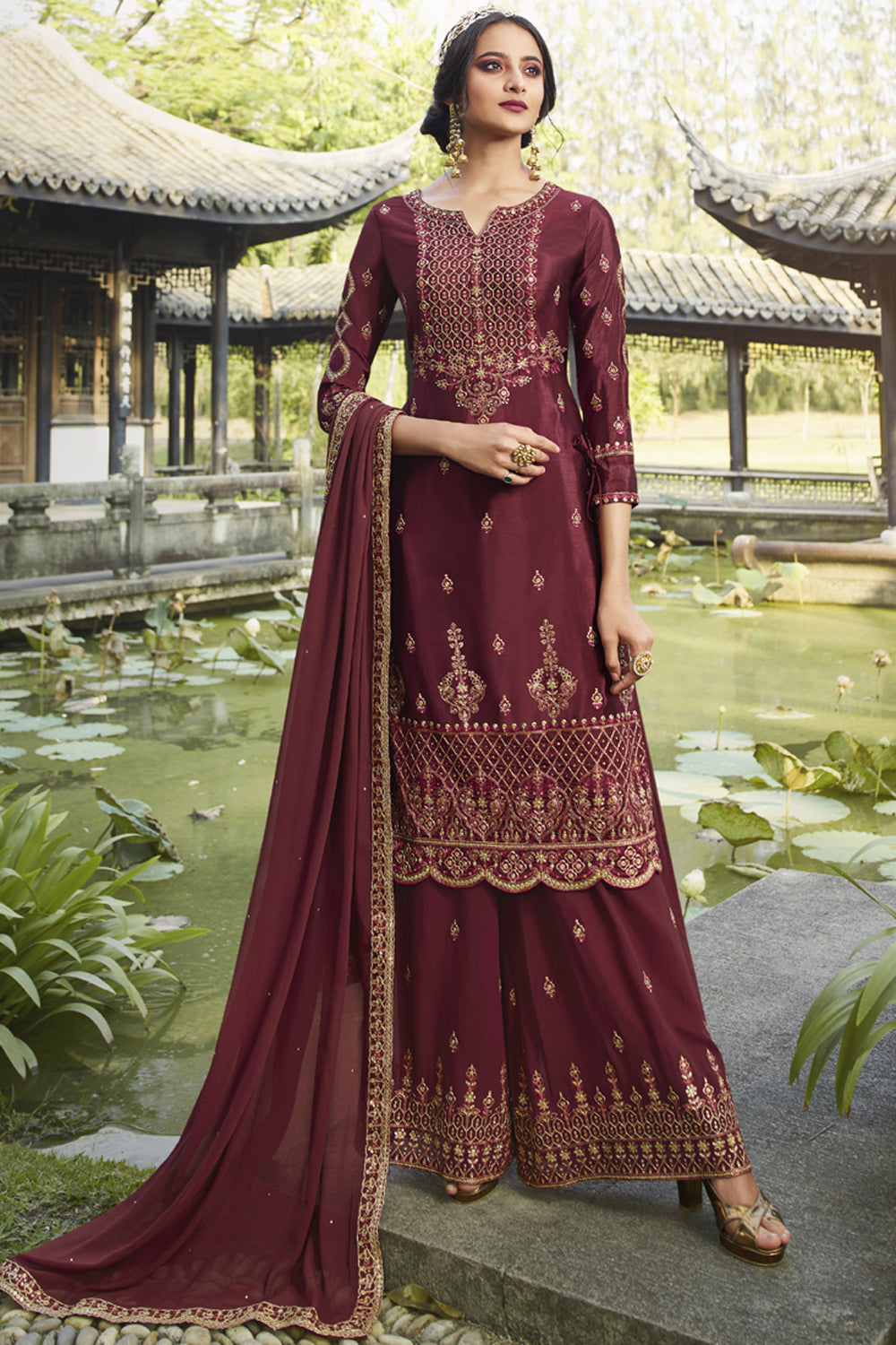 Faux Georgette Embroidered Suit Set Dress Material In Maroon