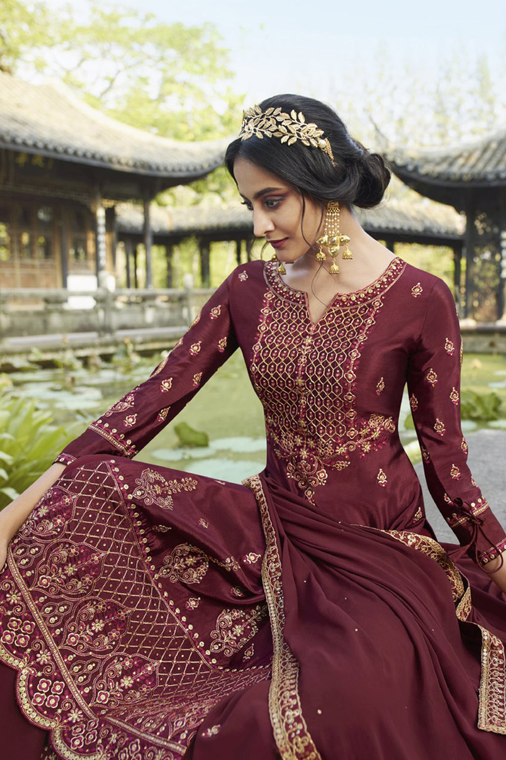 Faux Georgette Embroidered Suit Set Dress Material In Maroon