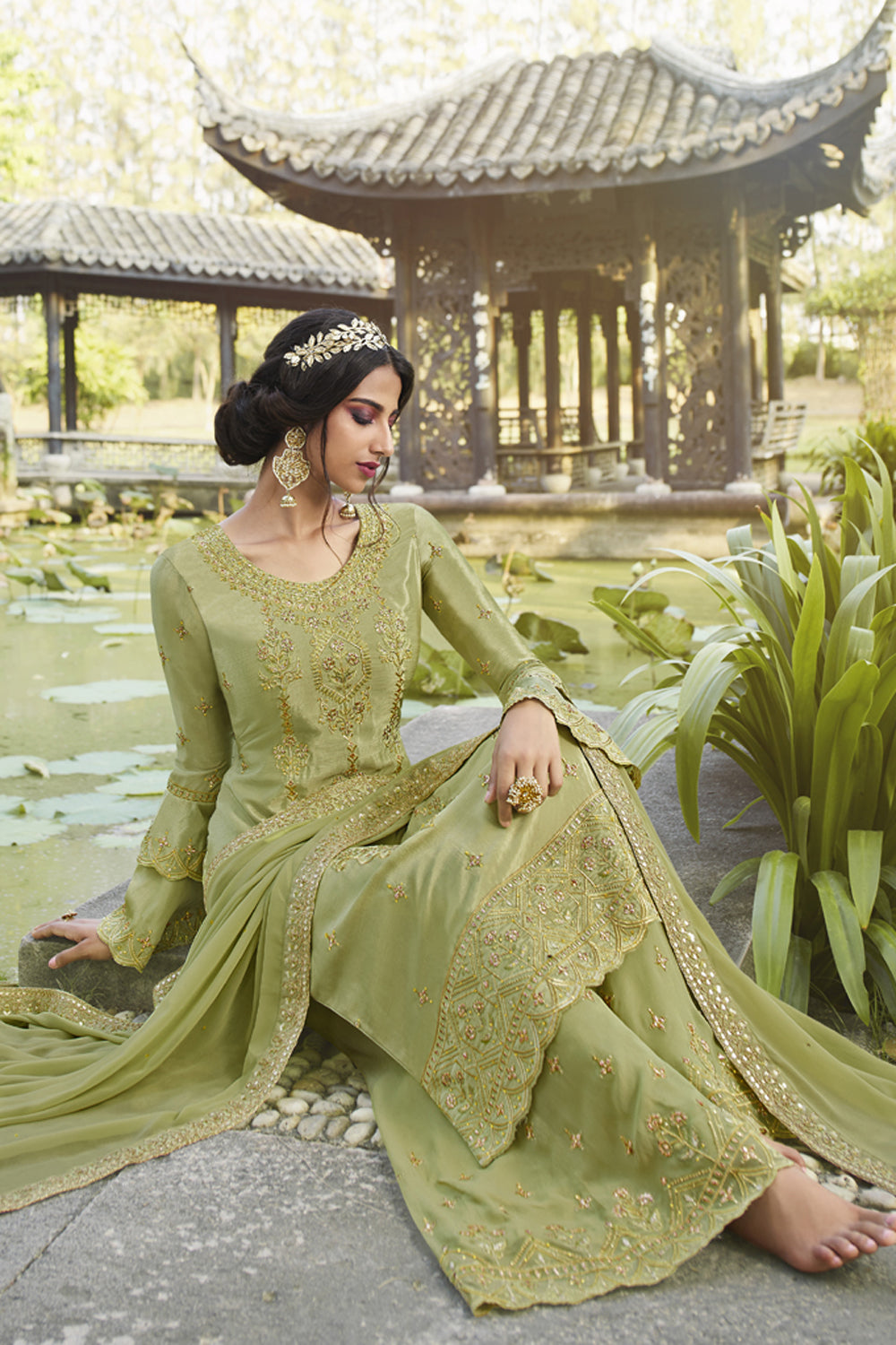 Faux Georgette Embroidered Suit Set Dress Material In Light Green