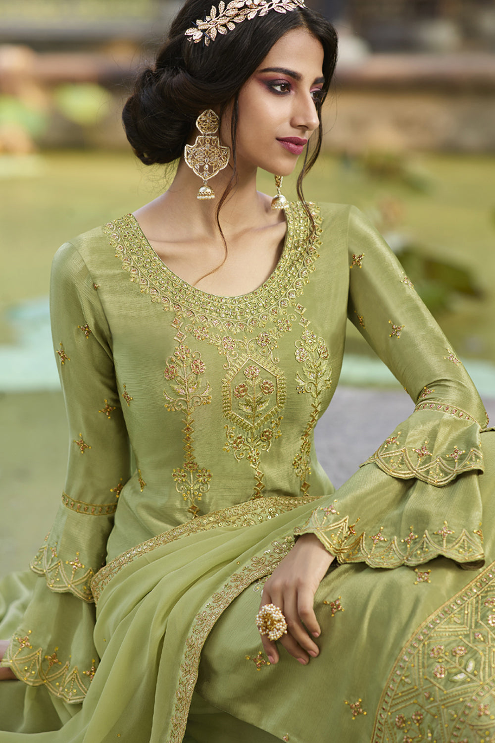 Faux Georgette Embroidered Suit Set Dress Material In Light Green