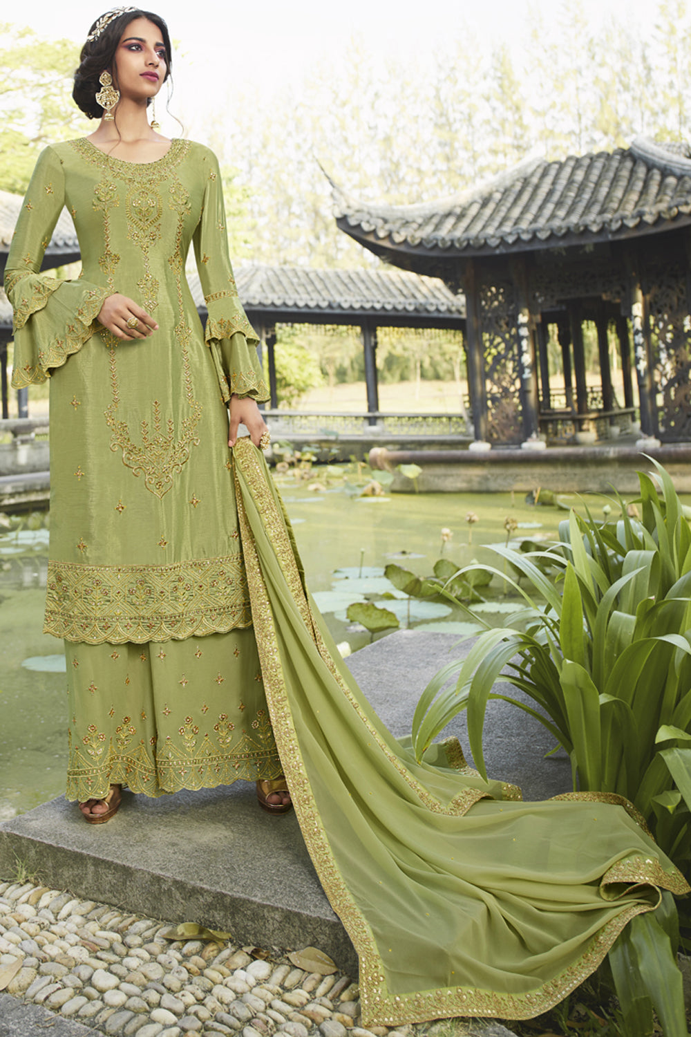 Faux Georgette Embroidered Suit Set Dress Material In Light Green