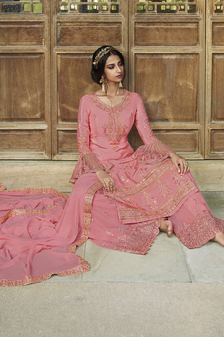 Faux Georgette Embroidered Suit Set Dress Material In Light Pink