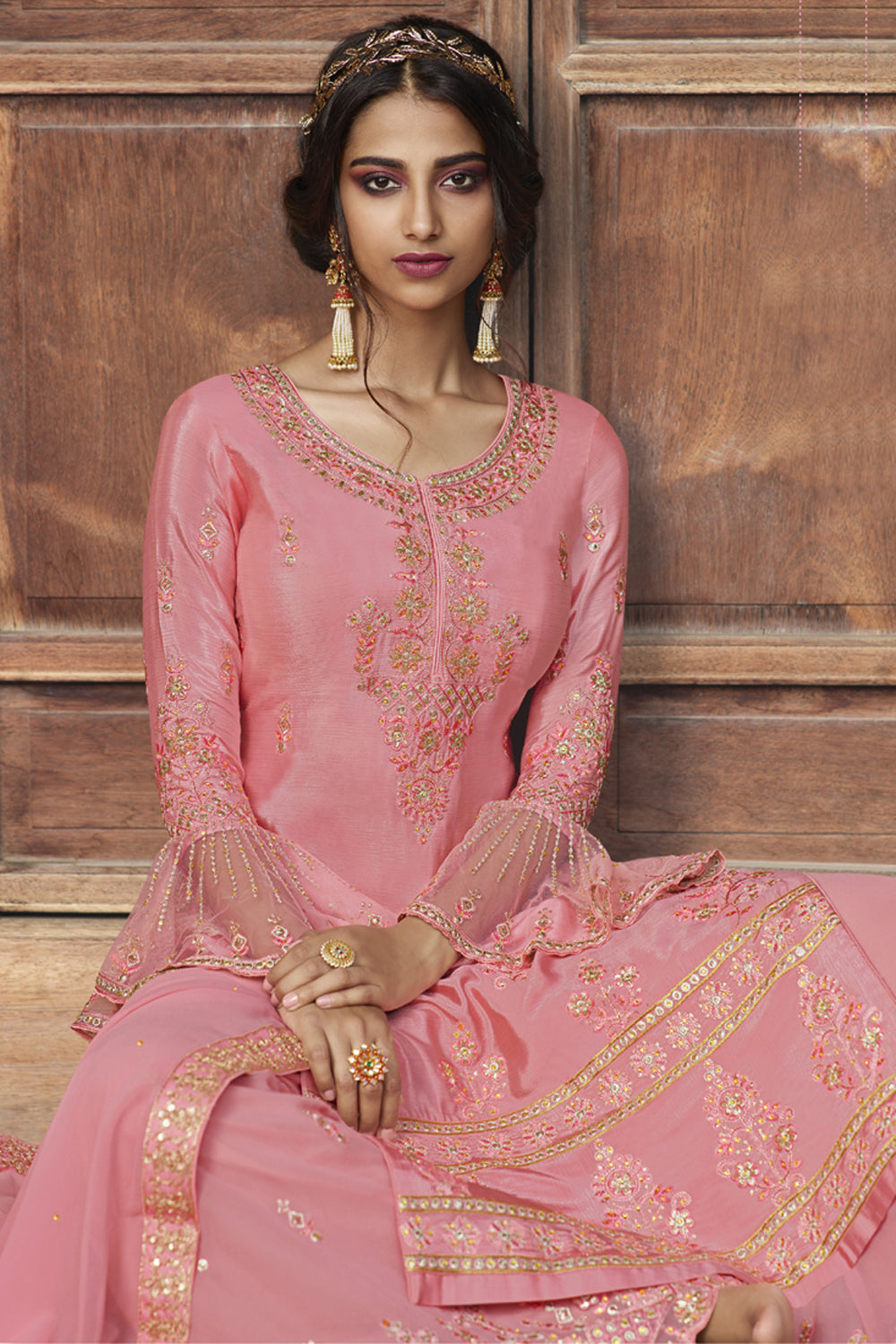 Faux Georgette Embroidered Suit Set Dress Material In Light Pink