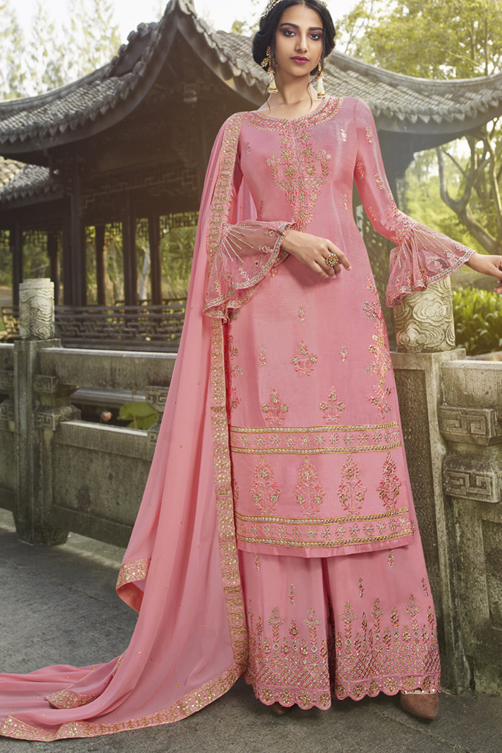 Faux Georgette Embroidered Suit Set Dress Material In Light Pink