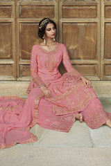 Faux Georgette Embroidered Suit Set Dress Material In Pink