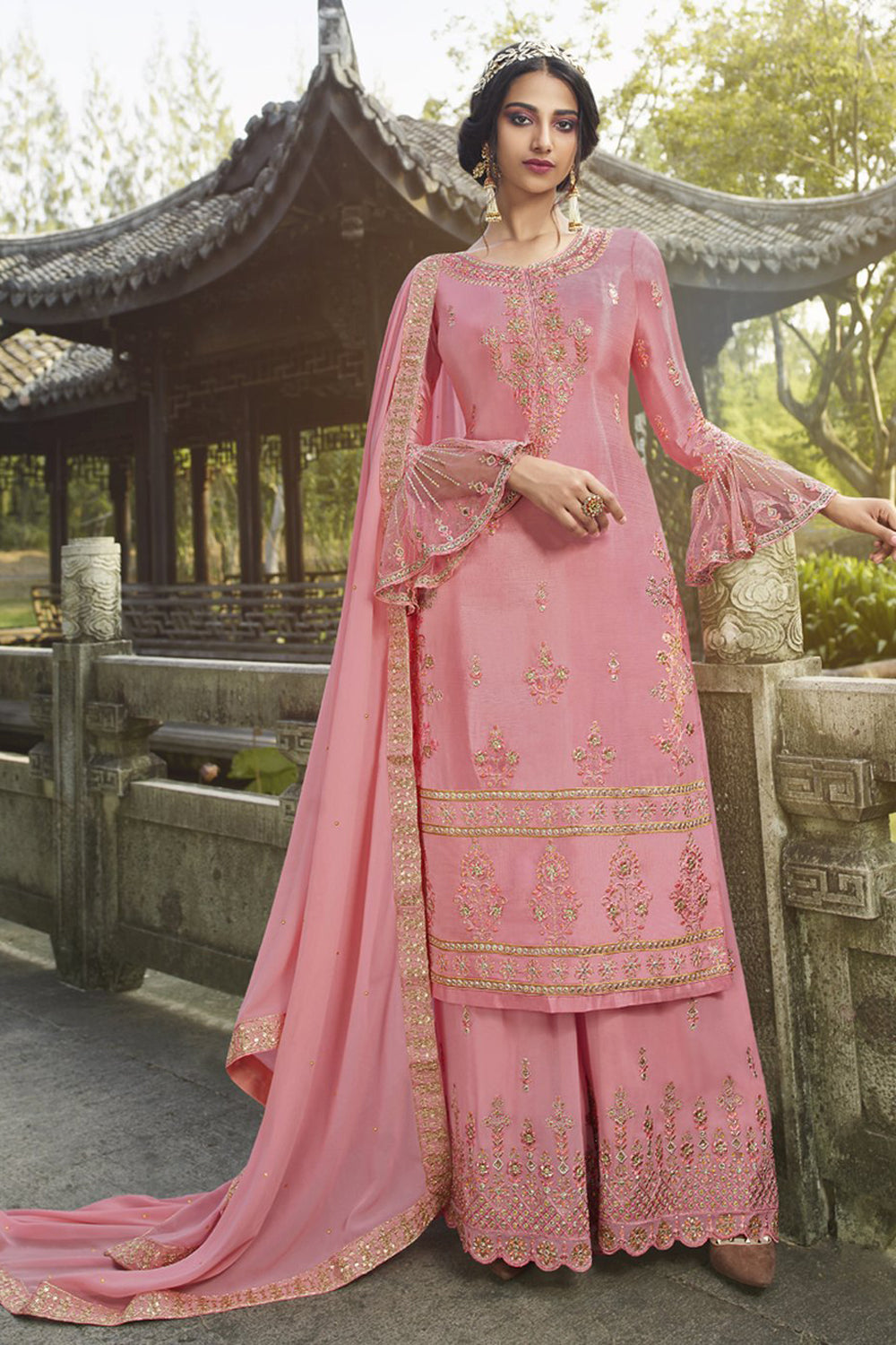 Faux Georgette Embroidered Suit Set Dress Material In Pink