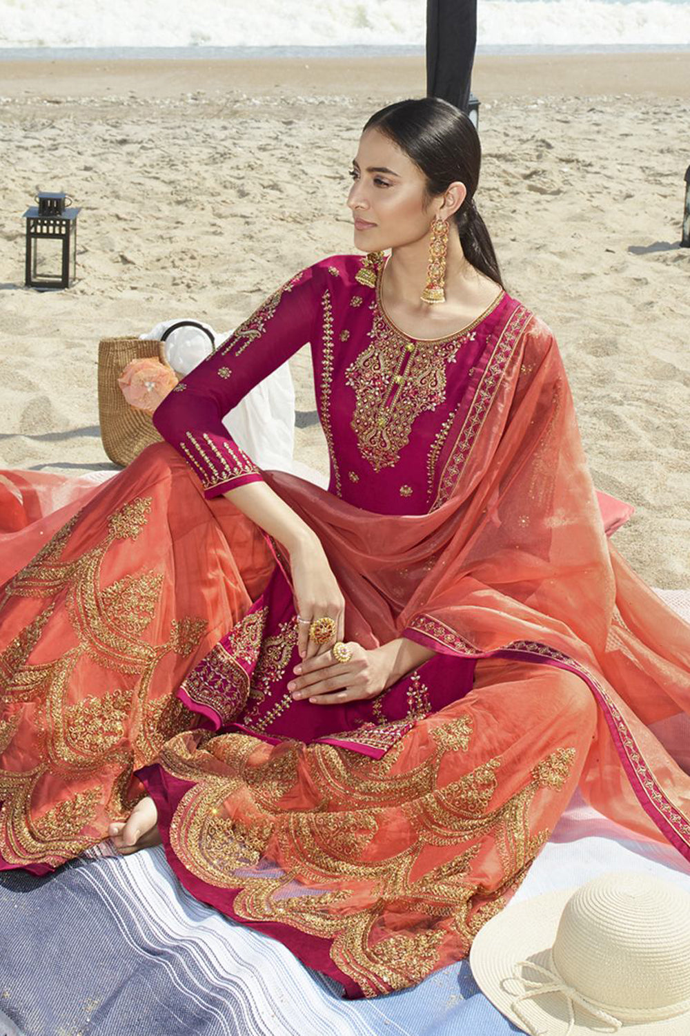 Faux Georgette Embroidered Suit Set Dress Material In Rani Pink