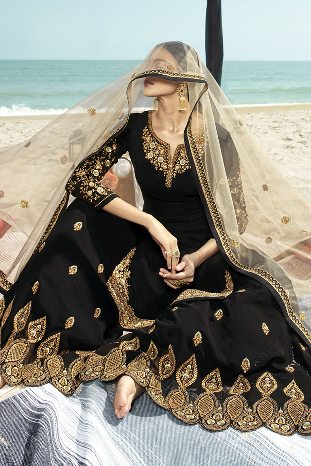 Faux Georgette Embroidered Sharara Dress Material In Black