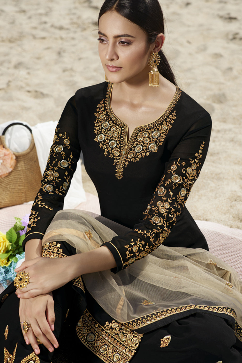 Faux Georgette Embroidered Sharara Dress Material In Black