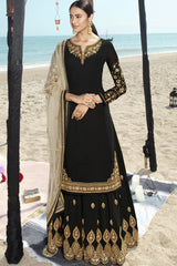 Faux Georgette Embroidered Sharara Dress Material In Black