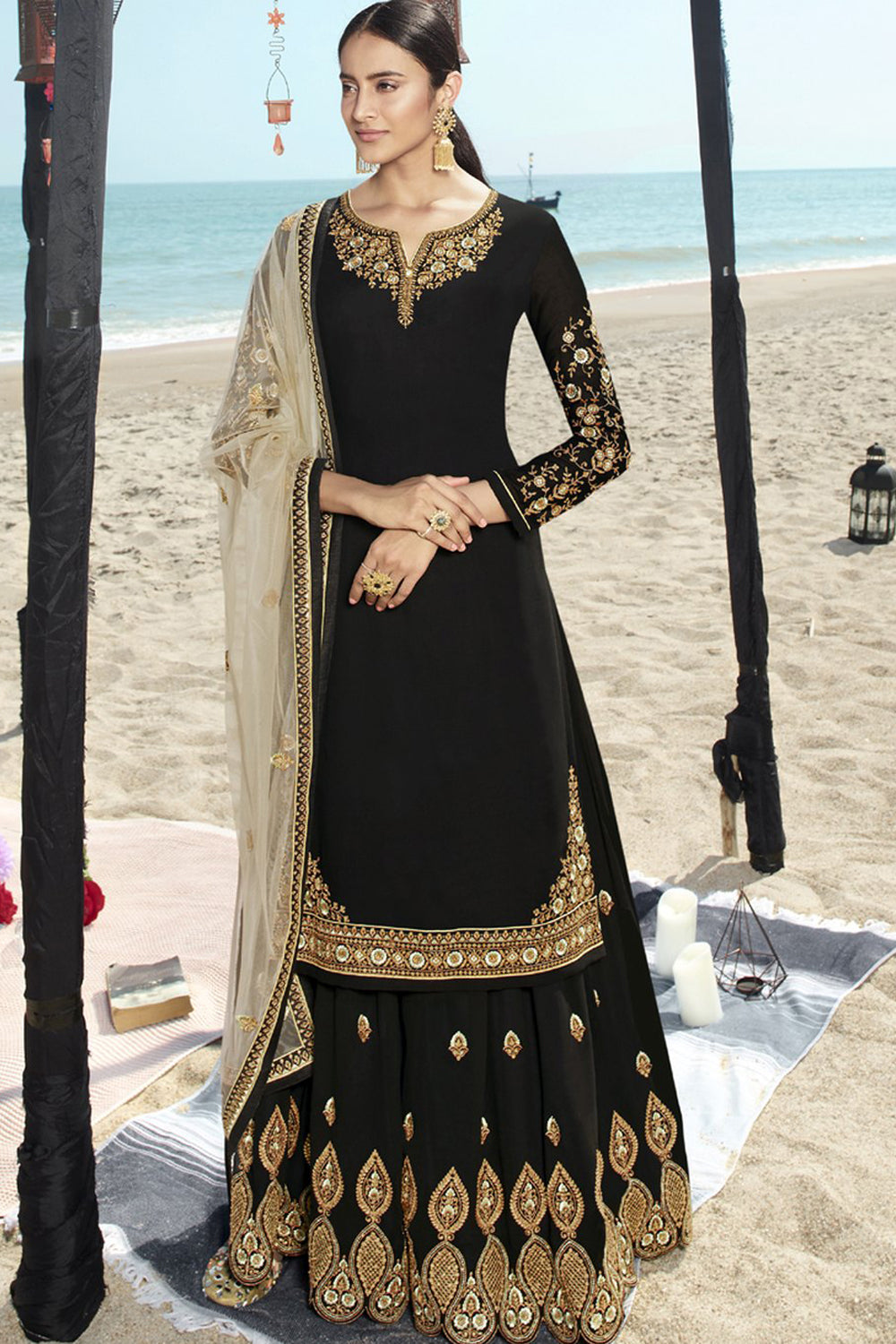 Faux Georgette Embroidered Suit Set Dress Material In Black