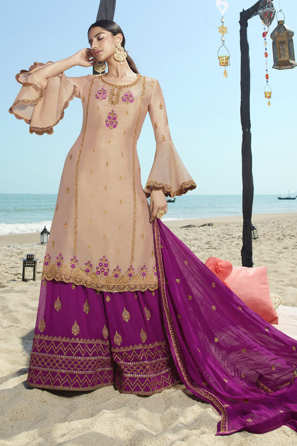 Faux Georgette Embroidered Sharara Dress Material In Cream