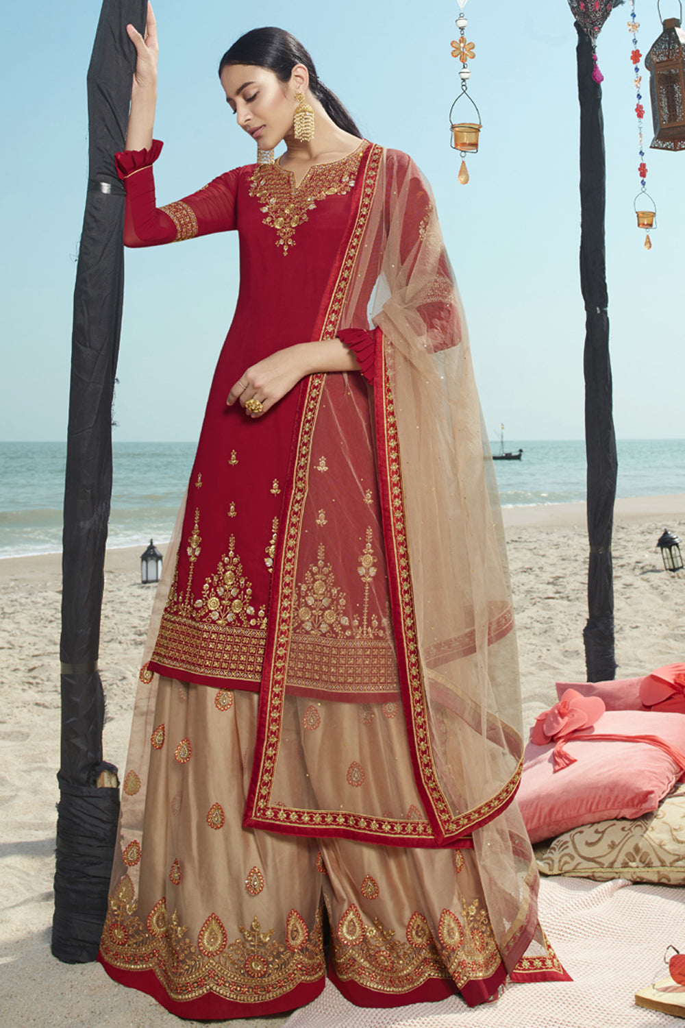 Faux Georgette Embroidered Sharara Dress Material In Red