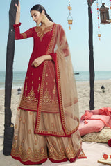 Faux Georgette Embroidered Suit Set Dress Material In Red