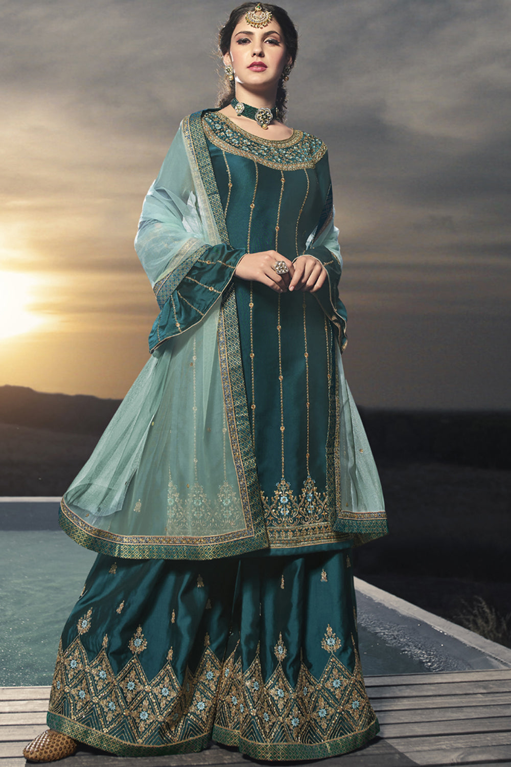 Faux Georgette Embroidered Sharara Dress Material In Aqua Blue