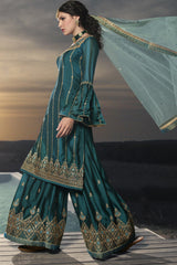 Faux Georgette Embroidered Sharara Dress Material In Aqua Blue