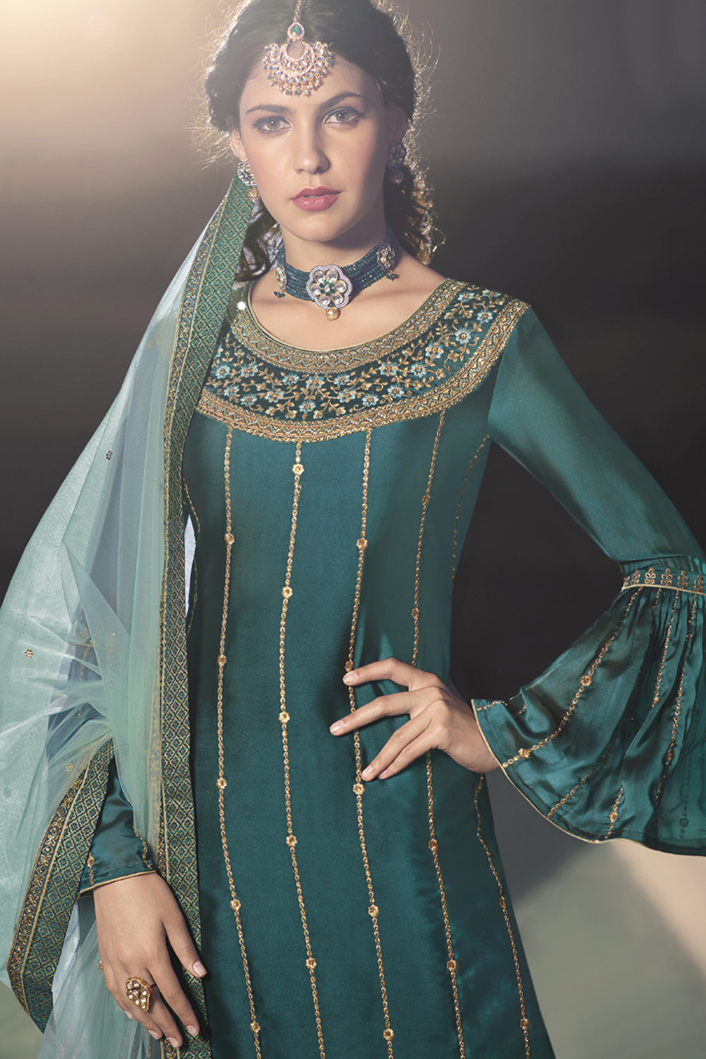 Faux Georgette Embroidered Sharara Dress Material In Aqua Blue