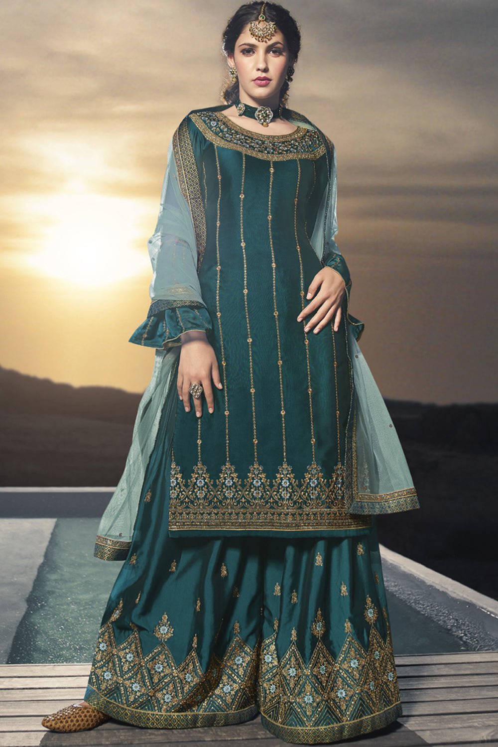 Faux Georgette Embroidered Sharara Dress Material In Aqua Blue