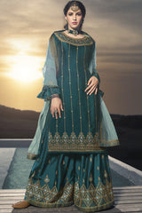 Faux Georgette Embroidered Sharara Dress Material In Aqua Blue