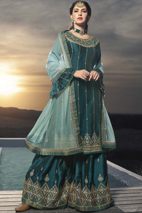 Faux Georgette Embroidered Suit Set Dress Material In Teal Blue