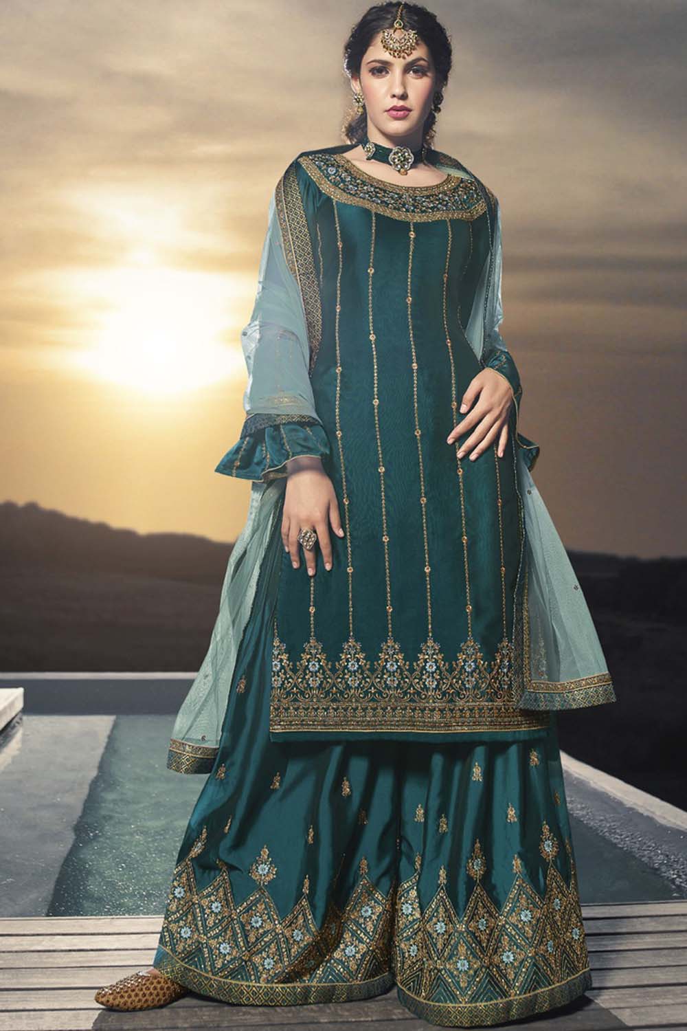 Faux Georgette Embroidered Suit Set Dress Material In Teal Blue