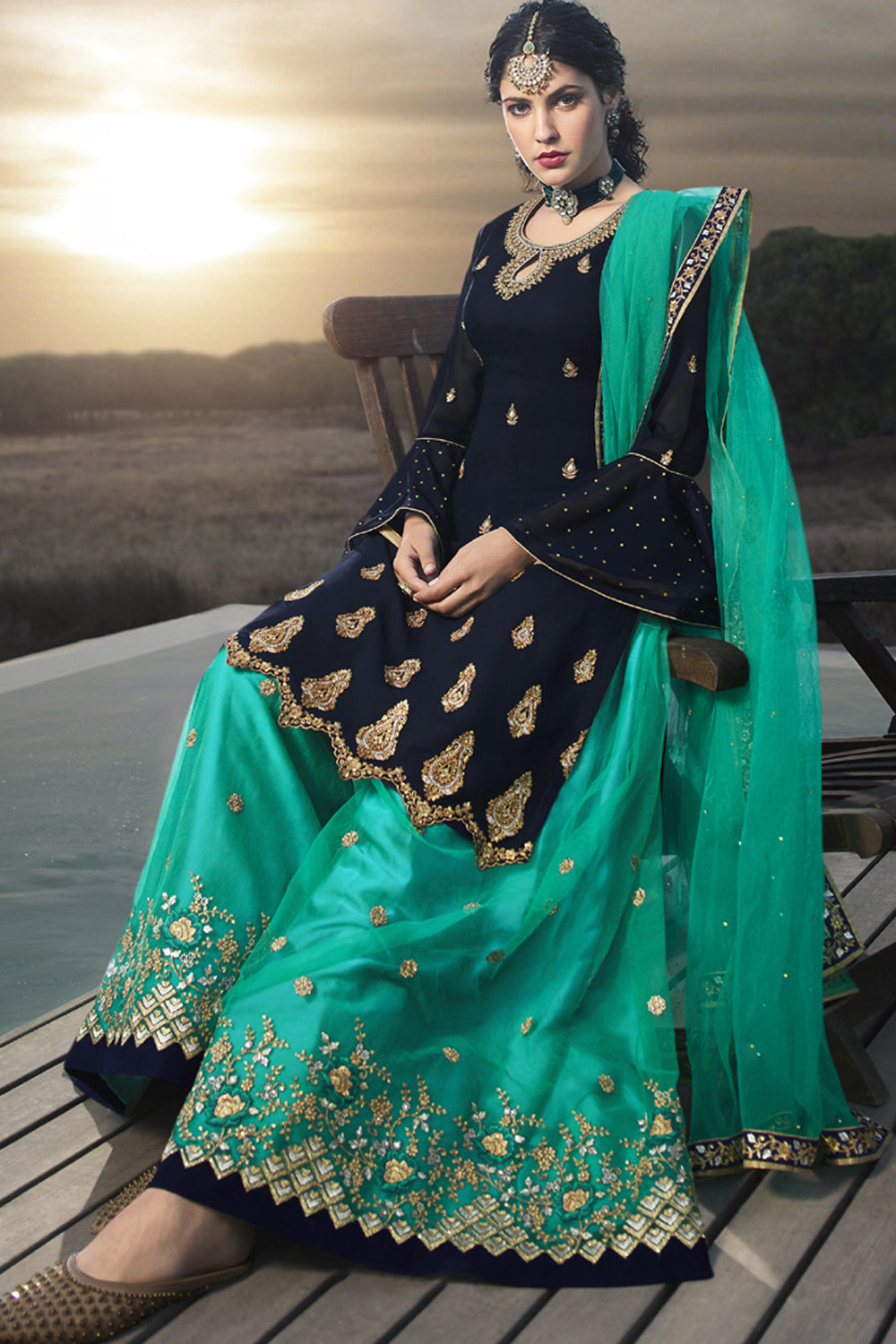 Faux Georgette Embroidered Sharara Dress Material In Navy Blue