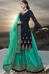 Faux Georgette Embroidered Sharara Dress Material In Navy Blue