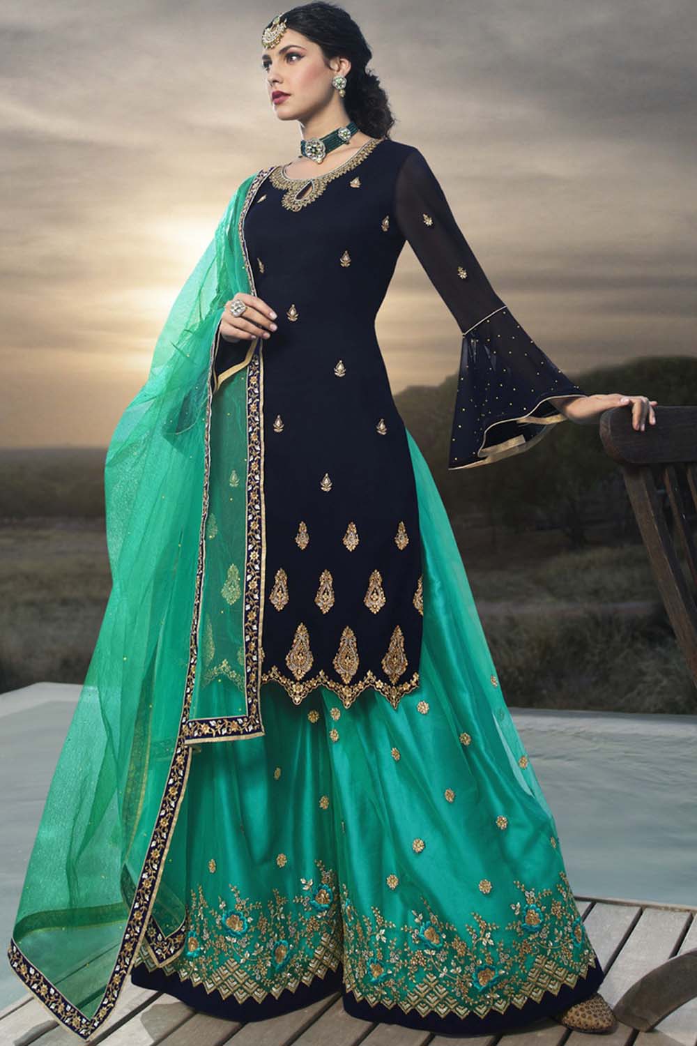 Faux Georgette Embroidered Suit Set Dress Material In Blue