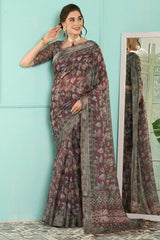 Brown Linen Botanical Digital Print Banarasi Saree