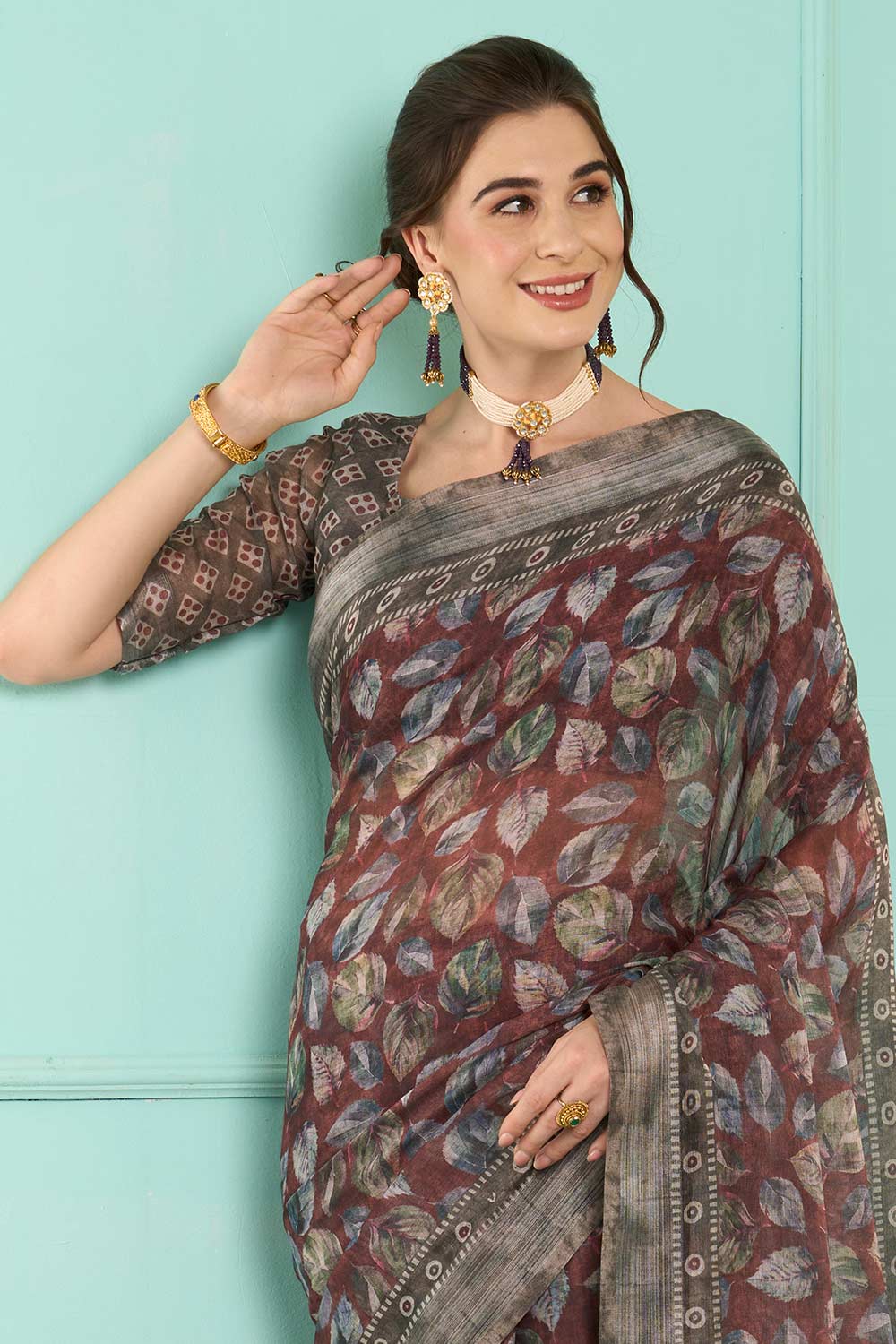 Brown Linen Botanical Digital Print Banarasi Saree