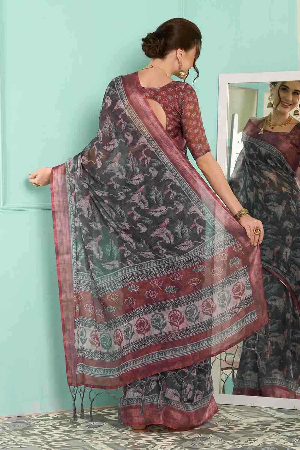 Grey Linen Botanical Digital Print Banarasi Saree