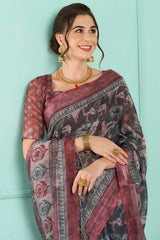 Grey Linen Botanical Digital Print Banarasi Saree