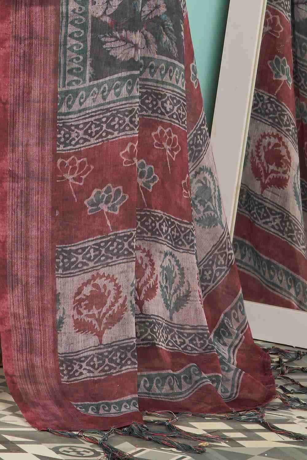 Grey Linen Botanical Digital Print Banarasi Saree