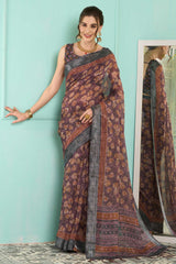 Mauve Linen Botanical Digital Print Banarasi Saree