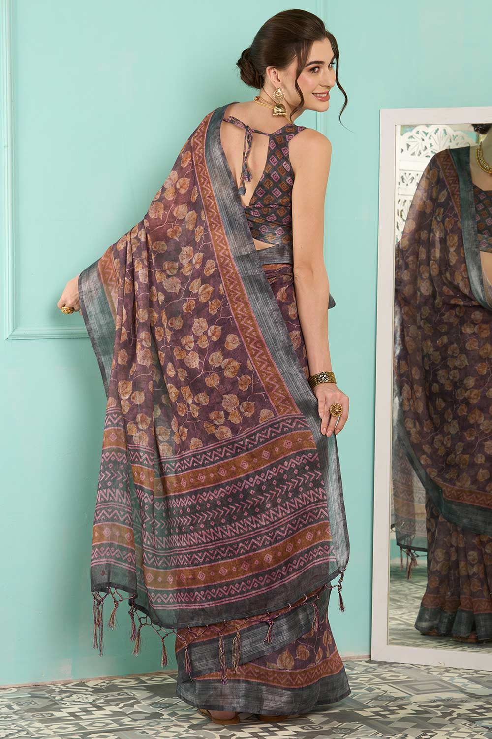 Mauve Linen Botanical Digital Print Banarasi Saree