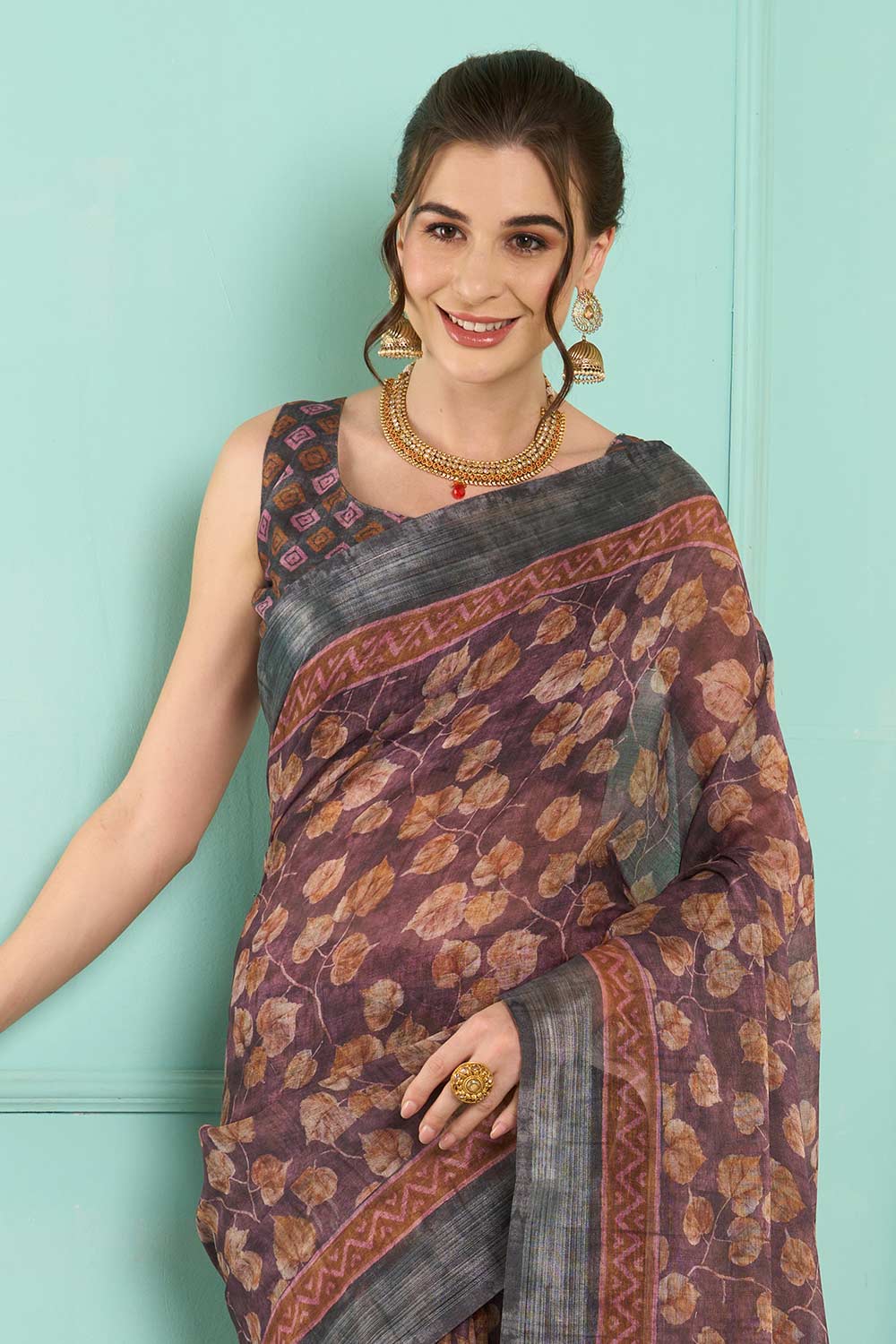 Mauve Linen Botanical Digital Print Banarasi Saree