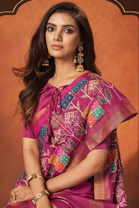 Pink Rangkat And Crepe Silk Woven Design Saree