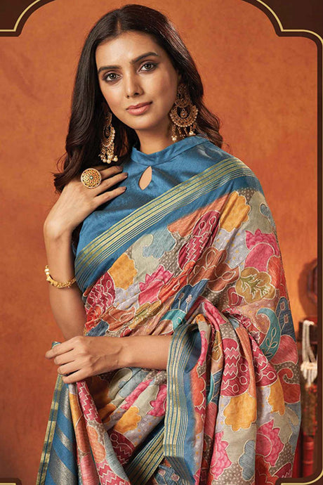 Blue Rangkat And Crepe Silk Woven Design Saree