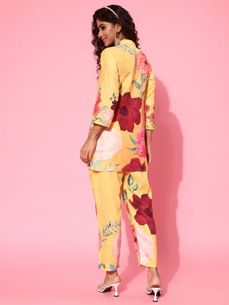 Yellow Silk Blend Printed Co-Ords Set