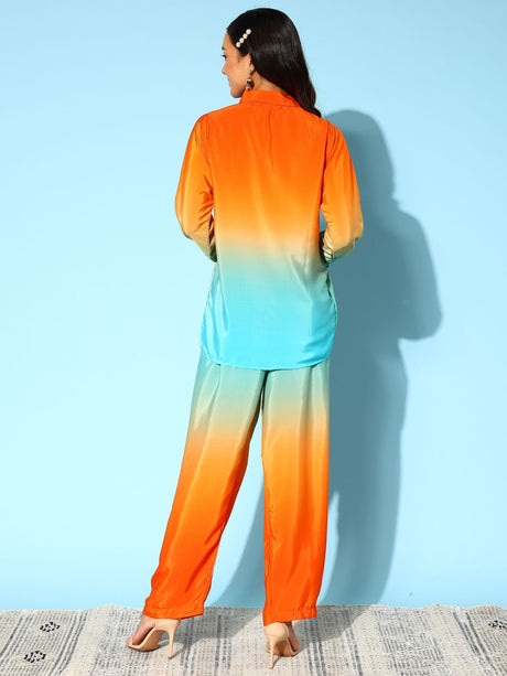Orange And Blue Silk Blend Printed Co-Ords Set