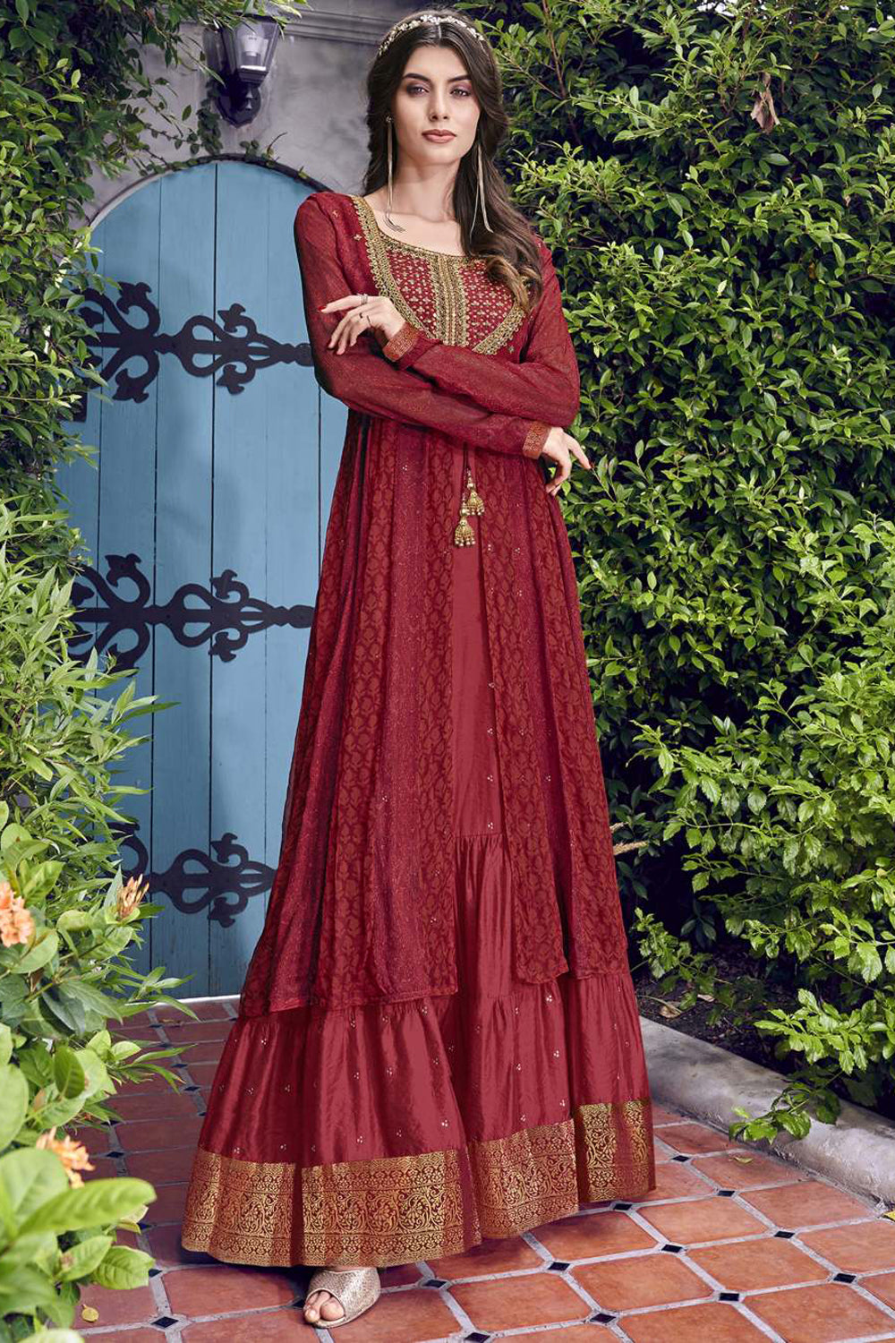 Chiffon Embroidered Gown Dress Material Maroon