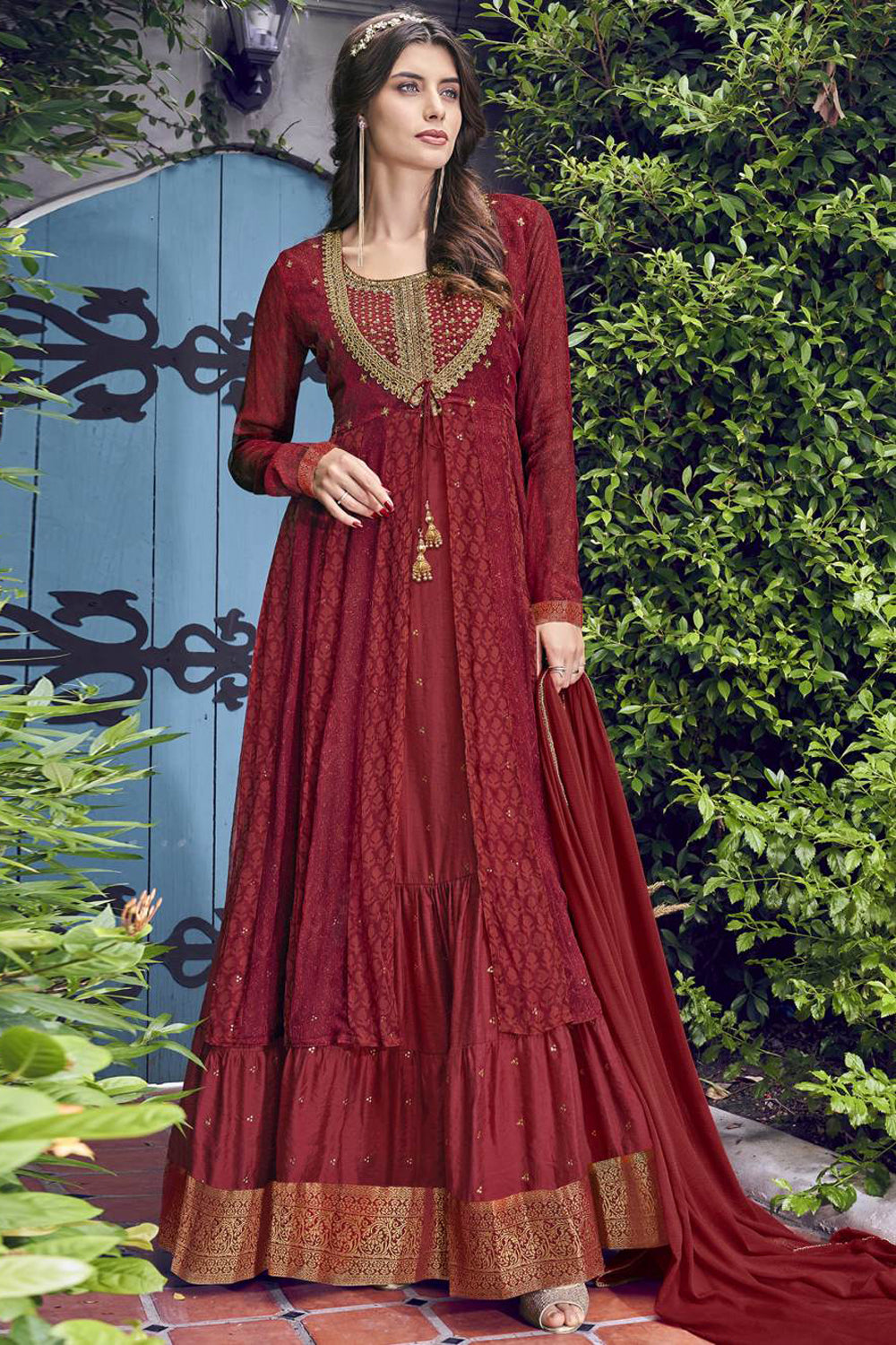 Chiffon Embroidered Gown Dress Material Maroon